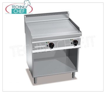GAS GRIDDLE with GROOVED PLATE in MULTIPAN, on CABINET, mod.G7FR8M-2 GAS GRIDDLE WITH RIBBED PLATE, BERTOS, MACROS 700 Line, MULTIPAN Series, DOUBLE MODULE ON OPEN CABINET with COOKING ZONE mm 795x500, INDEPENDENT CONTROLS, thermal power Kw.13,8, Weight 88 Kg, dim.mm.800x700x900h