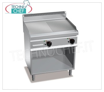 GAS FRY TOP, MULTIPAN PLATE 1/2 RIBBED and 1/2 SMOOTH, on CABINET, mod.G7FM8M-2 GAS FRY TOP with 1/2 SMOOTH and 1/2 RIBBED PLATE, BERTOS, MACROS 700 Line, MULTIPAN Series, DOUBLE module on OPEN COMPARTMENT with 795x500 mm COOKING ZONE, INDEPENDENT CONTROLS, thermal power Kw.13,8, Weight 88 Kg, dim.mm.800x700x900h