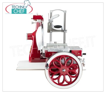 TECHNOCHEF - MANUAL FLYWHEEL SLICER, blade Ø 350 mm, Professional, Mod. 350 FLYWHEEL Manual Flywheel Slicer Verticle for Cured Meats, blade diameter 350 mm, Standard Colors: RED, BLACK, CREAM or Customizable on request, dim. mm 710x870x800h.