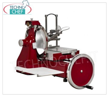 TECHNOCHEF - MANUAL FLYWHEEL SLICER, blade Ø 350 mm, Professional, Mod. 350 FLYWHEEL Manual Flywheel Slicer Verticle for Cured Meats, blade diameter 350 mm, Standard Colors: RED, BLACK, CREAM or Customizable on request, dim. mm 710x870x800h.