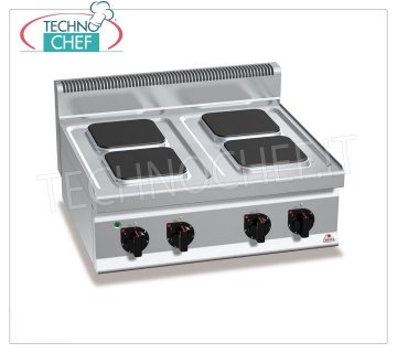 TECHNOCHEF - ELECTRIC COOKER 4 TOP PLATES, Kw.10,4, Mod.E7PQ4B 4 PLATE ELECTRIC COOKER TOP, BERTOS, MACROS 700 Line, HIGH POWER Series, with 4 SQUARE plates of 220x220 mm, INDEPENDENT CONTROLS, 6 power levels, V.400/3+N, Kw.10,4, Weight 49 Kg, dim.mm.800x700x290h