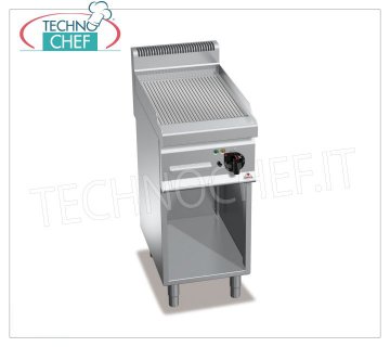 GAS GRIDDLE with MULTIPAN RIBBED PLATE, on OPEN CABINET, Mod.G7FR4M GAS GRIDDLE with RIBBED PLATE, BERTOS, MACROS 700 Line, MULTIPAN Series, 1 module on OPEN CABINET with 395x500 mm COOKING AREA, 6.9 kW thermal power, 50 Kg weight, dim.400x700x900hmm