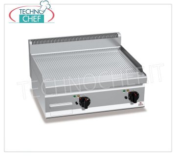 GAS GRIDDLE TOP with GROOVED PLATE in MULTIPAN, TOP module, mod.G7FR8B-2 GAS FRY TOP with RIBBED PLATE, BERTOS, MACROS 700 Line, MULTIPAN Series, DOUBLE TOP module with 795x500 mm COOKING ZONE, INDEPENDENT CONTROLS, thermal power Kw.13,8, Weight 70 Kg, dim.mm.800x700x290h