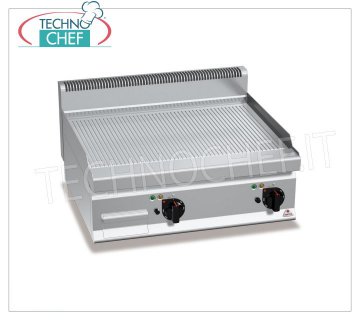 GAS GRIDDLE with MULTIPAN RIBBED PLATE, TOP module, mod.G7FR8B-2 GAS GRIDDLE with RIBBED PLATE, BERTOS, MACROS 700 line, MULTIPAN series, DOUBLE TOP module with 795x500 mm COOKING AREA, INDEPENDENT CONTROLS, thermal power Kw.13.8, Weight 70 Kg, dim.mm.800x700x290h