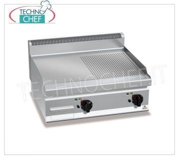 GAS GRIDDLE, MULTIPAN GRIDDLE 1/2 RIBBED and 1/2 SMOOTH, TOP module, mod.G7FM8B-2 GAS GRIDDLE with 1/2 SMOOTH and 1/2 RIBBED PLATE, BERTOS, MACROS 700 line, MULTIPAN Series, DOUBLE TOP module with 795x500 mm COOKING AREA, INDEPENDENT CONTROLS, thermal power 13.8 Kw, Weight 70 Kg, dim.mm.800x700x290h