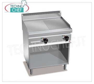ELECTRIC GRIDDLE with MULTIPAN PLATE 1/2 SMOOTH and 1/2 RIBBED, mod.E7FM8MP-2 ELECTRIC GRIDDLE with 1/2 SMOOTH and 1/2 RIBBED PLATE, BERTOS, MACROS 700 line, POWERED MULTIPAN Series, DOUBLE module on OPEN CABINET with 795x500 mm COOKING AREA, INDEPENDENT CONTROLS, V.400/3+N, Kw .9.6, weight 87 Kg, dim.mm.800x700x900h