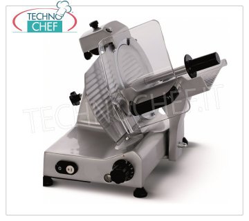 TECHNOCHEF - GRAVITY-INCLINED SLICER, blade Ø 250 mm, Professional, Mod.F250E Gravity / inclined slicer, blade diameter 250 mm, made of aluminum alloy, complete with fixed blade sharpener, V.230 / 1, Kw.0.140, Weight 15.5 Kg, dim.mm.425x440x370h