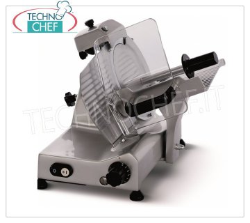 TECHNOCHEF - GRAVITY / INCLINED SLICER, blade Ø 275 mm, Professional, Mod.F275E Gravity / inclined slicer, 275 mm diameter blade, made of aluminum alloy on REDUCED FRAME, complete with fixed blade sharpener, V.230 / 1, Kw.0.185, Weight 16.5 Kg, dim.mm.440x440x390h