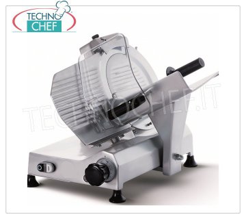 TECHNOCHEF - GRAVITY-INCLINED SLICER, blade Ø 250 mm, Professional, Mod.F250I Gravity / inclined slicer, blade diameter 250 mm, made of aluminum alloy, complete with fixed blade sharpener, V 230/1, Kw 0.245, Weight 21 Kg, dim. 480x465x440h mm.