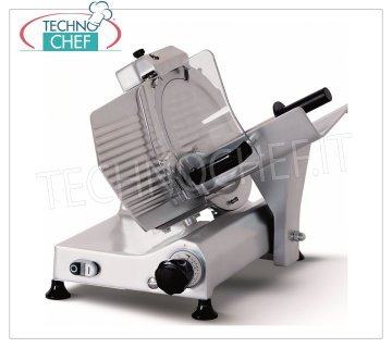TECHNOCHEF - GRAVITY-INCLINED SLICER, blade Ø 300 mm, Professional, Mod.F300E Gravity / inclined slicer, blade diameter 300 mm, made of aluminum alloy on REDUCED FRAME, complete with fixed blade sharpener, V 230/1, Kw 0.245, Weight 23 Kg, dim.mm.495x465x440h.