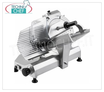 TECHNOCHEF - GRAVITY / INCLINED SLICER, blade Ø 300, Professional, Mod.F300CL Slicer gravity / inclined, blade diameter 300 mm, in aluminum alloy, trolley with LONG STROKE, complete with fixed blade sharpener, V 230/1, Kw 0.245, Weight 27.5 Kg, dim.mm.560x570x500h