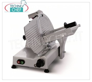 TECHNOCHEF - GRAVITY SLICER on Reduced Frame, blade Ø 250 mm, CE DOMESTIC, Mod.F250 RD Gravity / inclined slicer, blade diameter 250 mm, in aluminum alloy on REDUCED FRAME, complete with fixed blade sharpener, EC DOMESTIC EXECUTION, V 230/1, Kw 0,140, Weight 14 Kg, dim.mm.405x415x370h