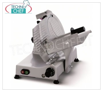 TECHNOCHEF - GRAVITY SLICER, blade Ø 275 mm, EC DOMESTIC EXECUTION Gravity / inclined slicer, blade diameter 275 mm, in aluminum alloy, on REDUCED FRAME, complete with fixed blade sharpener, CE DOMESTIC EXECUTION, V 230/1, Kw 0,185, Weight 16,5 Kg, dim.mm. 440x440x390h