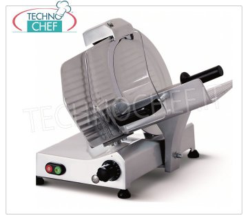 TECHNOCHEF - GRAVITY / INCLINED SLICER, blade Ø 300, EC DOMESTIC EXECUTION, Mod.F300RD Gravity / inclined slicer, blade diameter 300 mm, in aluminum alloy, on REDUCED FRAME, EC DOMESTIC EXECUTION, V 230/1, Kw 0.220, Weight 19 Kg, dim.mm.485x440x440h