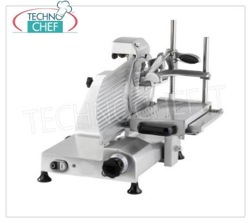 TECHNOCHEF - VERTICAL SLICER for SALAMI, blade Ø 300, Professional, Vertical slicer with BLADE diameter mm 300, version with Self-locking Salami Press Arm with 2 Columns, complete with Sharpener, V 230/1, Kw 0,245, Weight 27 Kg, dim.mm.520x460x515h