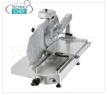 TECHNOCHEF - VERTICAL SLICER for CURED MEATS, blade Ø 350 mm, Professional, Mod.F 350TS-V Vertical slicer with sausage pressing arm, blade diameter 350 mm, in aluminum alloy, complete with fixed blade sharpener, V 230/1, Kw 0.300, Weight 45 Kg, dim.mm.650x650x640h