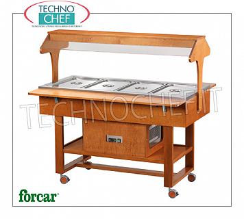 Refrigerated display trolleys Refrigerated display trolley in WENGE' or WALNUT color wood, FORCAR brand, complete with plexiglass dome and 2 support shelves, capacity 4 GN 1/1 containers (not included), temp. -5°/+5°C, static refrigeration , V.230/1, Kw.0,25, dim.mm.1480x1120x1410h