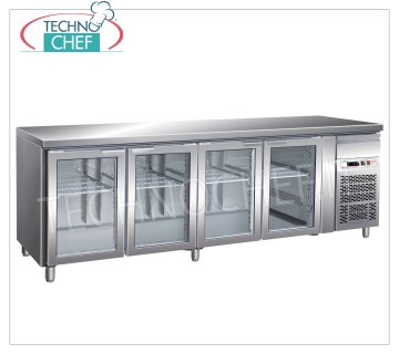 Forcar - Refrigerated Table 4 Glass Doors, 553 lt, Temp.-2°/+8°C, Ventilated, mod.G-GN4100TNG Refrigerated Table 4 Glass Doors and neutral drawer, Professional, capacity 553 litres, temperature -2°/+8°C, GastroNorm 1/1, ventilated refrigeration, Gas R290, internal light, V.230/1, Kw.0, 26, weight 153 kg, dim.mm.2230x700x860h