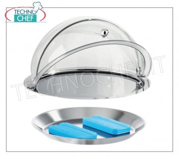 Refrigerated display case with dome, 5-piece set Refrigerated Set 5 Pcs Buffet, with roll-top lid in transparent acrylic SAN and stainless steel tray, diameter 380x240h mm