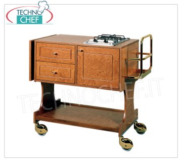 Forcar - FLAMBE' TROLLEY with 2 BURNERS on 1 SINGLE LEVEL, Mod.CL2750 Flambé trolley in WALNUT-stained multi-layer wood, with 2 BURNERS, bottle holder, side flap, compartment underneath with hinged door, 2 drawers and lower shelf, dim.mm.1070x580x910h