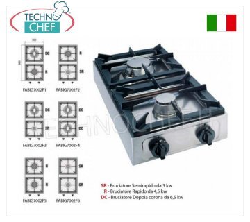 Professional table top gas stove, 2 burners TABLE GAS STOVE with 2 PROFESSIONAL STAINLESS STEEL BURNERS, running on universal gas, dimensions 350x660x170h mm, made in 6 VERSIONS with HEAT POWER from 6 to 13 kw, COMPLETE RANGE