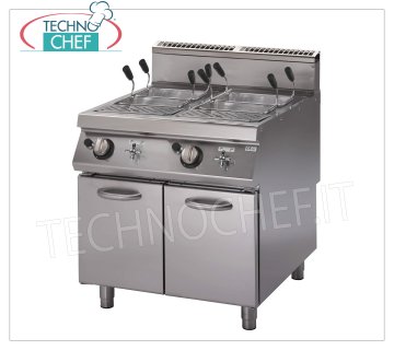 Technochef - GAS PASTA COOKER on MOBILE, 2 x 26 + 26 lt tanks, mod.PK70 / 80CPGS Gas pasta cooker on cabinet, Line 700, 2 stainless steel tanks of 26 + 26 lt, thermal power Kw. 19, weight 92 kg, dimensions 800x730x870h mm