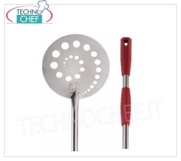 Round perforated stainless steel pizza peel, diameter 15 cm, with fixed and sliding wooden handle Round perforated stainless steel pizza peel, diameter 15 cm, stainless steel handle 150 cm, fixed and sliding wooden handle.