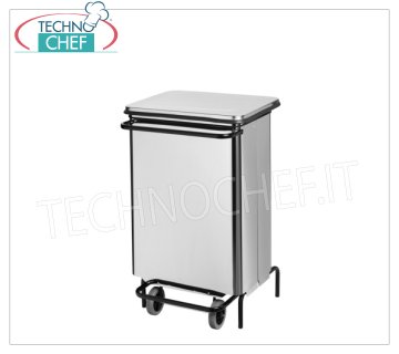 Stainless steel dustbins Stainless steel waste bin on wheels, pedal lid with folding opening, 70 litres, dim.mm.480x450x755h