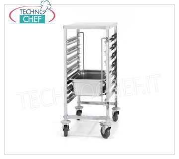 TECHNOCHEF - Trolley for 7 GN 1/1 Trays with Upper Stainless Steel Top, Mod.810668 STAINLESS STEEL TRAY with WORK SHELF, with 7 pairs of guides, pitch 80 mm, for 7 trays Gastro-Norm GN 1/1 (mm 530x325), dim.mm.380x550x925h