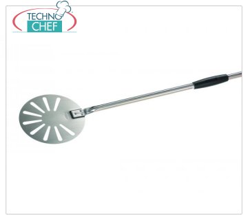 GI.METAL - Round Stainless Steel Pizza Palette, PUNCHED version, Mod. 85906 Round Pizza Palino for turning and churning, perforated version, made of STAINLESS STEEL, with handle and sliding handle in black plastic, diameter 200 mm, handle length 1500 mm.