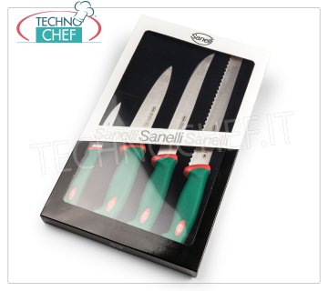 Sanelli - PROFESSIONAL KITCHEN KNIVES SET 4 PCS PREMANA, Mod. 909604 Pack of 4 kitchen knives, PREMANA PROFESSIONAL line, consisting of: ROAST KNIFE 24 cm, BREAD KNIFE 24 cm, KITCHEN KNIFE 18 cm, TROWEL 10 cm.