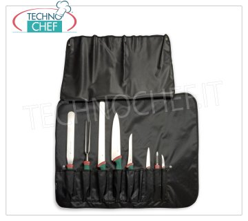 Sanelli - POCKET COOK ROLL 8 PROFESSIONAL KNIVES PREMANA, Mod. 981608 Chef folding roll with pockets for accommodation of 8 knives / accessories, PREMANA PROFESSIONAL line, composed of: BREAD KNIFE, KITCHEN KNIFE, BONE KNIFE, TROWEL, VEGETABLE KNIFE, SPATULA COOK, SERVING FORK, POTATO PEELER.