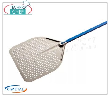 Gi.Metal - Rectangular perforated aluminum pizza shovel, Blue Line, handle length 150 cm Rectangular perforated pizza shovel in aluminum alloy, Linea Azzurra, light, flexible and resistant, dim.mm 300x300, handle length 1500 mm.