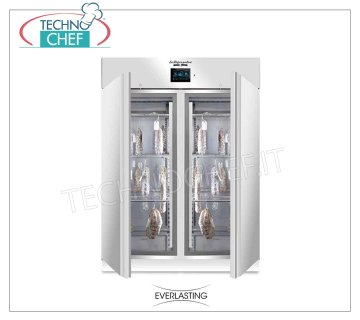 STAGIONATORE CONSERVATORE Steel salami, 2 DOORS, max yield 200 Kg Cured meat storage and seasoning cabinet in 304 stainless steel, 2 doors, max capacity 200 Kg, Temp. 0 ° / + 30 ° C, digital controls, V. 230/1, Kw.2,6, Weight Kg 193, dim.mm .1500x850x 2080h