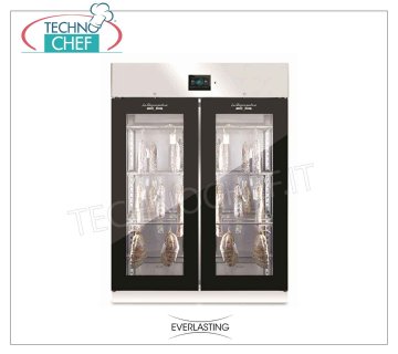 STAGIONATORE CONSERVATORE Cold cuts in Steel, 2 GLASS DOORS, max yield 200 Kg Cured meat storage and seasoning cabinet in 304 stainless steel, 2 glass doors, max capacity 200 Kg, Temp. 0 ° / + 30 ° C, digital controls, V. 230/1, Kw.2,6, Weight Kg 193, dim. mm.1500x850x 2080h