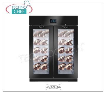 STAGIONATORE CONSERVATORE Salami in Black Steel, 2 GLASS DOORS, max yield 200 Kg Cured Meat Storage and Seasoning Cabinet in Black Plastic-coated Steel, 2 Glass Doors, max capacity 200 Kg, Temp. 0 ° / + 30 ° C, digital controls, V. 230/1, Kw.2,6, Weight Kg 193, dim. mm.1500x850x 2080h