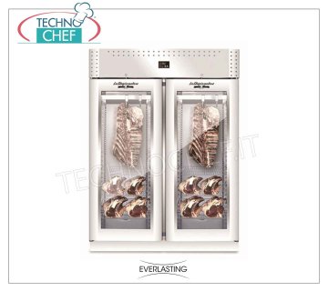 STAINLESS STEEL MATURING CABINET, 2 GLASS DOORS, Temp. + 0 ° / + 10 ° C, mod. STG MEAT 1500 VIP STAINLESS steel meat aging CABINET, 2 DOORS with GLASS, Gas R 452a, Temp. + 0 ° / + 10 ° C, Capacity Kg. 300, Dim. Mm 1500x850x2080h