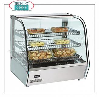 Hot counter display cases DISPLAY HOT DISPLAY with 3 adjustable shelves, glass on 4 sides, sliding doors on the operator side, temperature adjustable from + 30 ° to + 90 ° C, Led lighting, V.230 / 1, Kw.1.1, Weight 48 Kg, dim.mm.680x570x670h
