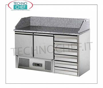 GN Refrigerated Pizza Counter, 2 Doors, 6 Drawers, Granite Top with Backsplash, Ecological REFRIGERATED PIZZA COUNTER 2 DOORS GN 1/1 + DRAWER UNIT with 6 drawers, Ventilated temp.+2°+8°C, ECOLOGICAL, GAS R134a-R600a-R290, V.230/1, Kw.0,23, Weight 270 kg , dim.mm.1400x700x1030h