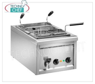 ELECTRIC BENCH PASTER in STAINLESS STEEL Stainless steel electric pasta cooker, complete with 1 basket of 275x150x200h mm + 2 baskets of 125x125x200h, thermostat from 0 ° to 110 ° C, V.230 / 1, Kw.3,2, Weight 15 Kg, dim.mm .400x700x340h