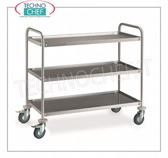 Stainless steel service trolleys with 3 shelves, capacity 120 kg Stainless steel trolley with 3 molded shelves of mm.800x500, max capacity 120 Kg, Weight 13 Kg, dim.mm.885x590x935h