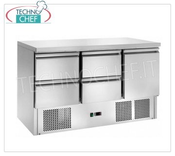 Refrigerated Table, 1 Door, 4 Drawers, Temp.+2°/+8°C, Static, Class E, mod.AK943-4D Refrigerated table with 1 door, 4 drawers, temperature +2°/+8°C, static refrigeration, ECOLOGICAL in Class E, Gas R290, V.230/1, Kw..0,28, Weight 119 Kg, dim.mm .1365x700x850h