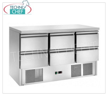 Refrigerated Table, 6 Drawers, Temp.+2°/+8°C, Static, Class E, mod.AK943-6D Refrigerated table with 6 drawers, temperature +2°/+8°C, static refrigeration, ECOLOGICAL in Class E, Gas R290, V.230/1, Kw..0,28, Weight 127 Kg, dim.mm.1365x700x850h