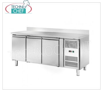 Refrigerator Table 3 Doors and Backsplash, Temp.-2°/+8°C, lt.339, Ventilated, Class C, mod.AKS3204TN 3 DOOR Refrigerated Counter Table with splashback, Professional, SNACK Line, Temp.-2°/+8°C, capacity 339 litres, ventilated refrigeration, ECOLOGICAL in Class C, Gas R290, V.230/1, Kw.0,23 , Weight 109 Kg, dim.mm.1795x600x950h