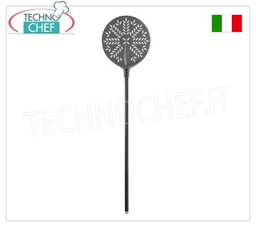 Round Perforated Pizza Shovel for Baking in Hard Anodized Aluminum Ø 33 cm, Tulip Line ROUND PERFORATED pizza shovel Tulip in hard anodized aluminium, diameter 33 cm, handle length 120 cm.