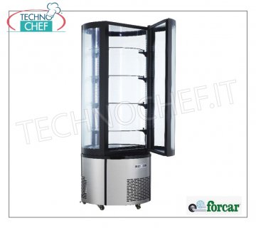 Technochef - FRIDGE showcase on wheels with round glass, 1 Door, Static, Temp.+2°/+8°C, lt.400, Class C, Mod.ARC400RC Refrigerated display unit on wheels with 1 round glass door, external structure in AISI 430 static stainless steel, temperature +2°/+8°C, capacity 400 litres, Class C, Led lighting, V.230/1, Kw.0, 21, Weight 127 Kg, dim.mm.680x1750h