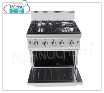 Technochef - GAS COOKER 4 BURNERS on GAS OVEN, 42.5 kW GAS COOKER 4 BURNERS on STATIC GAS OVEN, Line 900, total heat output. Kw.42.5, dim.mm.800x700x1140h