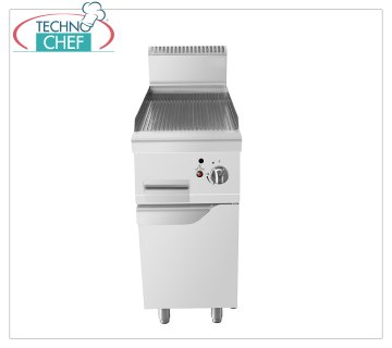 Technochef - GAS GRIDDLE with RIBBED PLATE on MOBILE, Kw.7,00 GAS GRIDDLE with RIBBED PLATE on MOBILE, Line 700, thermal power 7 Kw, dim.mm.400x700x1085h