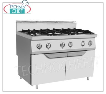 Technochef - GAS COOKER 6 BURNERS on MOBILE, Kw.42,00 GAS STOVE 6 BURNERS on MOBILE, Line 700, thermal power Kw.42,00, dim.mm.1200x700x1085h