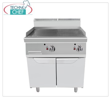 Technochef - GAS GRIDDLE with SMOOTH/RIBBED PLATE on MOBILE, Kw.20,00 GAS GRIDDLE with SMOOTH / RIBBED PLATE on MOBILE, Line 900, thermal power Kw 10.00+10.00, dim.mm.800x900x1140h